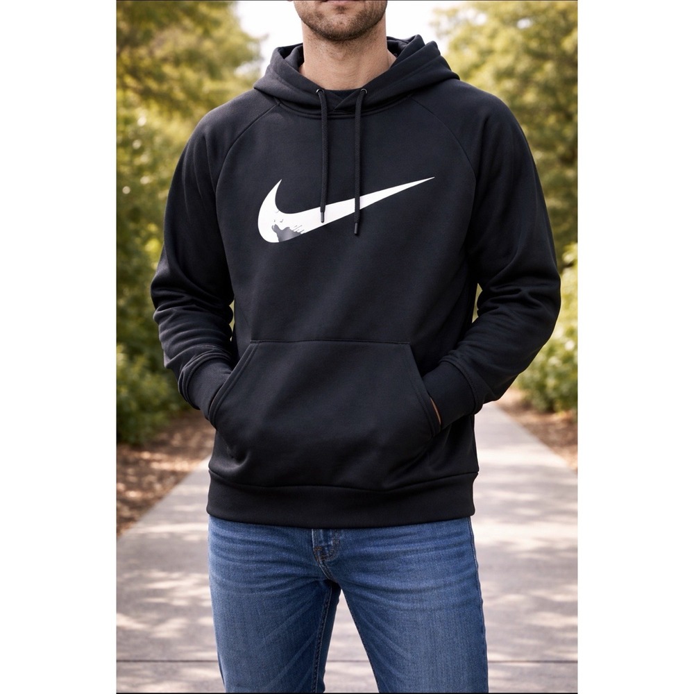 Nike Dri-Fit Mens Camouflage Swoosh Logo Black Hooded Sweatshirt Size 2XL